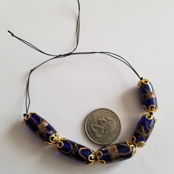 Handmade beaded bracelet cobalt blue art glass beads gold tone black cord - Picture 4 of 11